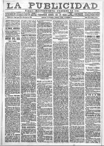 'La publicidad  : diario de avisos noticias y telegramas. Eco fiel de la opinión y verdadero defensor de los intereses morales y materiales de Granada y su provincia' - Año XLII Número 18978  - 1922 Octubre 29