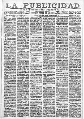 'La publicidad  : diario de avisos noticias y telegramas. Eco fiel de la opinión y verdadero defensor de los intereses morales y materiales de Granada y su provincia' - Año XLII Número 18980  - 1922 Noviembre 01