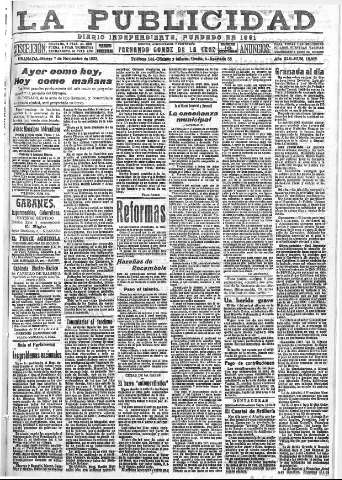 'La publicidad  : diario de avisos noticias y telegramas. Eco fiel de la opinión y verdadero defensor de los intereses morales y materiales de Granada y su provincia' - Año XLII Número 18985  - 1922 Noviembre 07