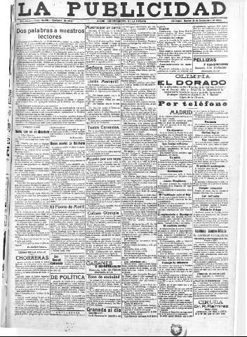 'La publicidad  : diario de avisos noticias y telegramas. Eco fiel de la opinión y verdadero defensor de los intereses morales y materiales de Granada y su provincia' - Año XLII Número 18996  - 1922 Noviembre 21