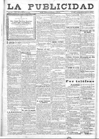 'La publicidad  : diario de avisos noticias y telegramas. Eco fiel de la opinión y verdadero defensor de los intereses morales y materiales de Granada y su provincia' - Año XLII Número 19001  - 1922 Noviembre 26