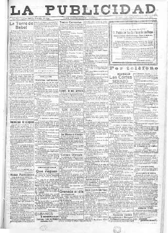 'La publicidad  : diario de avisos noticias y telegramas. Eco fiel de la opinión y verdadero defensor de los intereses morales y materiales de Granada y su provincia' - Año XLII Número 19003  - 1922 Noviembre 29