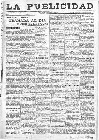 'La publicidad  : diario de avisos noticias y telegramas. Eco fiel de la opinión y verdadero defensor de los intereses morales y materiales de Granada y su provincia' - Año XLII Número 19019  - 1922 Diciembre 12