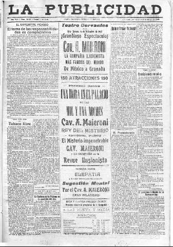 'La publicidad  : diario de avisos noticias y telegramas. Eco fiel de la opinión y verdadero defensor de los intereses morales y materiales de Granada y su provincia' - Año XLII Número 19021  - 1922 Diciembre 14