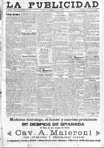 'La publicidad  : diario de avisos noticias y telegramas. Eco fiel de la opinión y verdadero defensor de los intereses morales y materiales de Granada y su provincia' - Año XLII Número 19035  - 1922 Diciembre 30