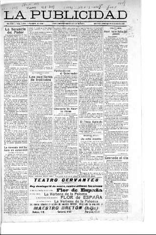 'La publicidad  : diario de avisos noticias y telegramas. Eco fiel de la opinión y verdadero defensor de los intereses morales y materiales de Granada y su provincia' - Año XLIII Número 19048  - 1923 Enero 14