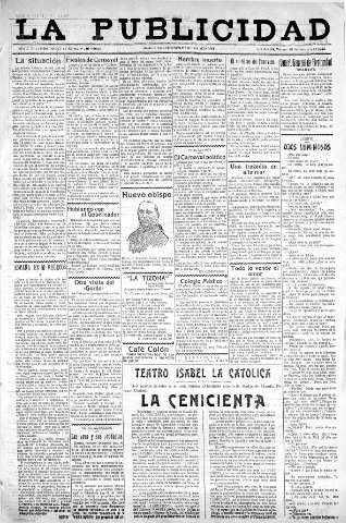 'La publicidad  : diario de avisos noticias y telegramas. Eco fiel de la opinión y verdadero defensor de los intereses morales y materiales de Granada y su provincia' - Año XLIII Número 19073  - 1923 Febrero 13