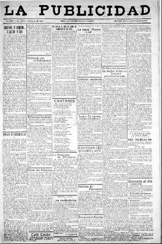 'La publicidad  : diario de avisos noticias y telegramas. Eco fiel de la opinión y verdadero defensor de los intereses morales y materiales de Granada y su provincia' - Año XLIII Número 19079  - 1923 Febrero 20