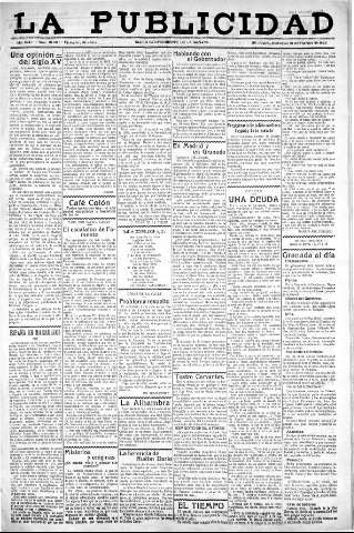 'La publicidad  : diario de avisos noticias y telegramas. Eco fiel de la opinión y verdadero defensor de los intereses morales y materiales de Granada y su provincia' - Año XLIII Número 19080  - 1923 Febrero 21