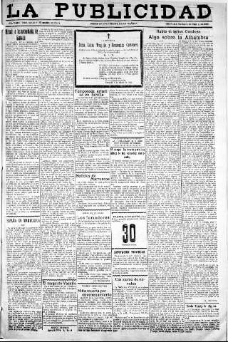 'La publicidad  : diario de avisos noticias y telegramas. Eco fiel de la opinión y verdadero defensor de los intereses morales y materiales de Granada y su provincia' - Año XLIII Número 19091  - 1923 Marzo 06