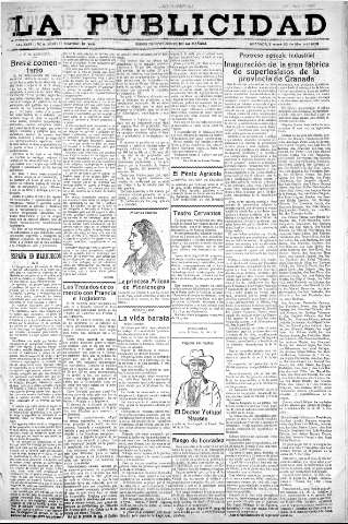 'La publicidad  : diario de avisos noticias y telegramas. Eco fiel de la opinión y verdadero defensor de los intereses morales y materiales de Granada y su provincia' - Año XLIII Número 20011  - 1923 Marzo 23