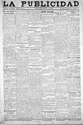 'La publicidad  : diario de avisos noticias y telegramas. Eco fiel de la opinión y verdadero defensor de los intereses morales y materiales de Granada y su provincia' - Año XLIII Número 20028  - 1923 Abril 12