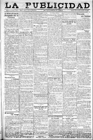 'La publicidad  : diario de avisos noticias y telegramas. Eco fiel de la opinión y verdadero defensor de los intereses morales y materiales de Granada y su provincia' - Año XLIII Número 20076  - 1923 Junio 08