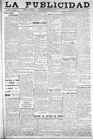 'La publicidad  : diario de avisos noticias y telegramas. Eco fiel de la opinión y verdadero defensor de los intereses morales y materiales de Granada y su provincia' - Año XLIII Número 20077  - 1923 Junio 22