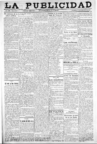 'La publicidad  : diario de avisos noticias y telegramas. Eco fiel de la opinión y verdadero defensor de los intereses morales y materiales de Granada y su provincia' - Año XLIII Número 20077  - 1923 Junio 29