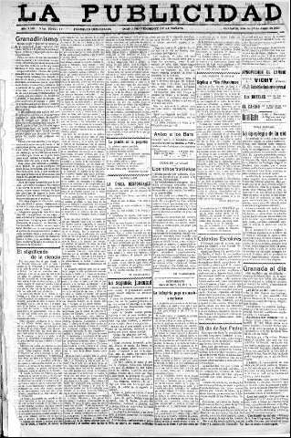 'La publicidad  : diario de avisos noticias y telegramas. Eco fiel de la opinión y verdadero defensor de los intereses morales y materiales de Granada y su provincia' - Año XLIII Número 20077  - 1923 Junio 30