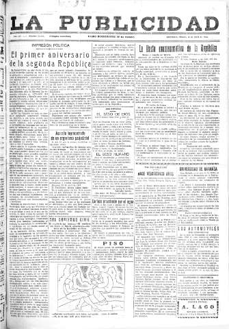 'La publicidad  : diario de avisos noticias y telegramas. Eco fiel de la opinión y verdadero defensor de los intereses morales y materiales de Granada y su provincia' - Año LII Número 23324  - 1932 Abril 16