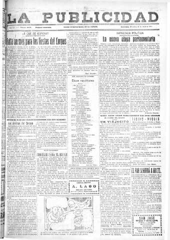'La publicidad  : diario de avisos noticias y telegramas. Eco fiel de la opinión y verdadero defensor de los intereses morales y materiales de Granada y su provincia' - Año LII Número 23333  - 1932 Abril 27