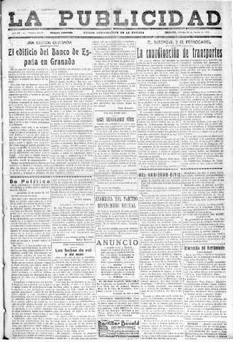 'La publicidad  : diario de avisos noticias y telegramas. Eco fiel de la opinión y verdadero defensor de los intereses morales y materiales de Granada y su provincia' - Año LII Número 23419  - 1932 Agosto 20