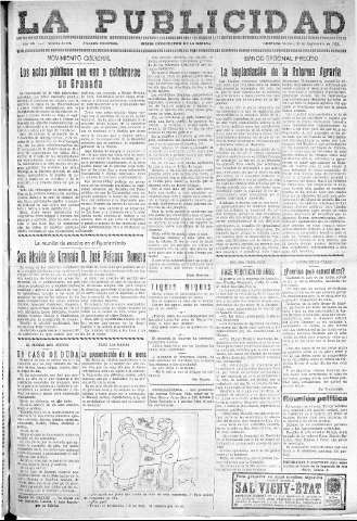 'La publicidad  : diario de avisos noticias y telegramas. Eco fiel de la opinión y verdadero defensor de los intereses morales y materiales de Granada y su provincia' - Año LII Número 33444  - 1932 Septiembre 30