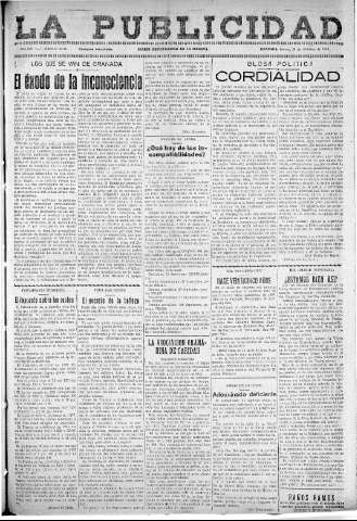 'La publicidad  : diario de avisos noticias y telegramas. Eco fiel de la opinión y verdadero defensor de los intereses morales y materiales de Granada y su provincia' - Año LII Número 33461  - 1932 Octubre 20