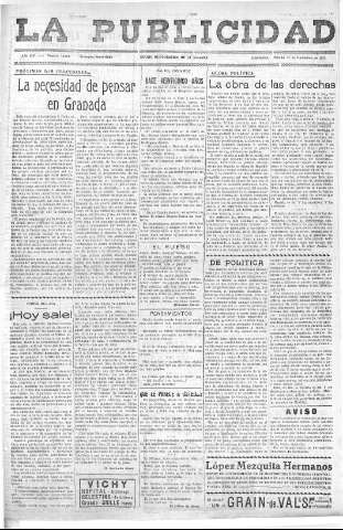'La publicidad  : diario de avisos noticias y telegramas. Eco fiel de la opinión y verdadero defensor de los intereses morales y materiales de Granada y su provincia' - Año LIV Número 18497  - 1935 Diciembre 21