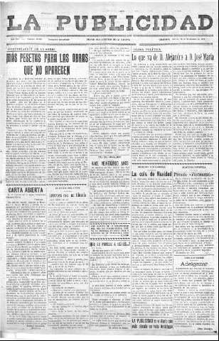 'La publicidad  : diario de avisos noticias y telegramas. Eco fiel de la opinión y verdadero defensor de los intereses morales y materiales de Granada y su provincia' - Año LIV Número 18499  - 1935 Diciembre 24