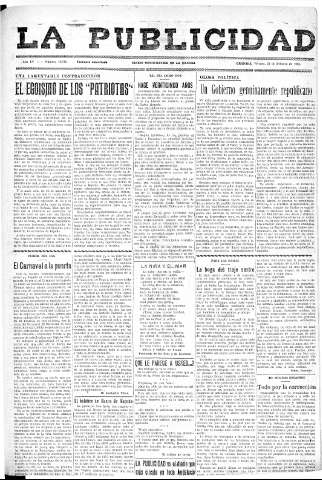 'La publicidad  : diario de avisos noticias y telegramas. Eco fiel de la opinión y verdadero defensor de los intereses morales y materiales de Granada y su provincia' - Año LV Número 18549  - 1936 Febrero 21
