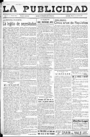 'La publicidad  : diario de avisos noticias y telegramas. Eco fiel de la opinión y verdadero defensor de los intereses morales y materiales de Granada y su provincia' - Año LV Número 18591  - 1936 Abril 14