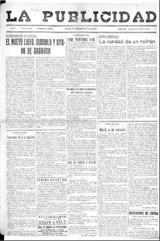 'La publicidad  : diario de avisos noticias y telegramas. Eco fiel de la opinión y verdadero defensor de los intereses morales y materiales de Granada y su provincia' - Año LV Número 18601  - 1936 Abril 26