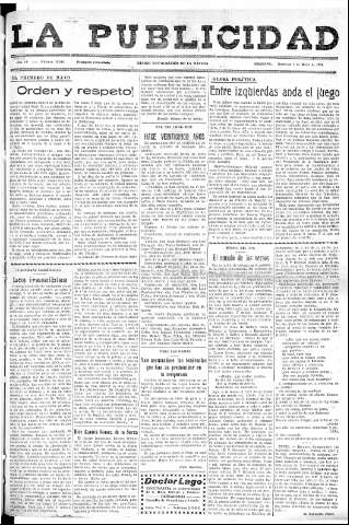 'La publicidad  : diario de avisos noticias y telegramas. Eco fiel de la opinión y verdadero defensor de los intereses morales y materiales de Granada y su provincia' - Año LV Número 18606  - 1936 Mayo 03