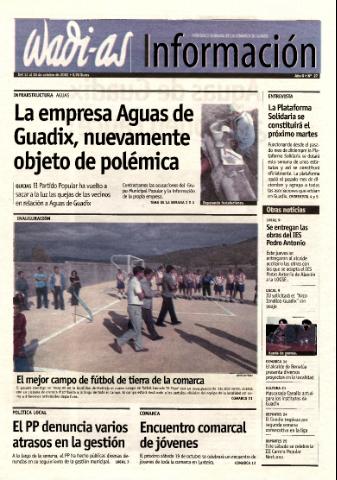 'Wadi-as información : periódico semanal de la comarca de Guadix.' - Año 0 Número 27 - 2002 octubre 12