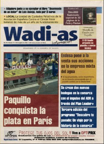 'Wadi-as información : periódico semanal de la comarca de Guadix.' - Año XX Número 73 - 2003 agosto 29