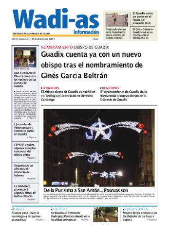 'Wadi-as información : periódico semanal de la comarca de Guadix.' - Año VII Número 401 - 2009 diciembre 11