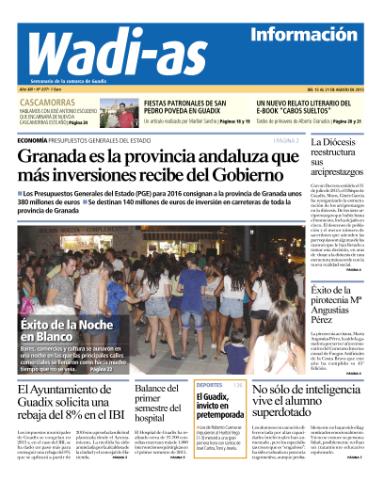'Wadi-as información : periódico semanal de la comarca de Guadix.' - Año XIII Número 697 - 2015 agosto 15