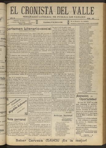 'El Cronista del Valle' - Época 1ª Año IX Número 425 - 1918 abril 27
