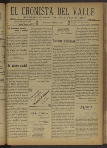 'El Cronista del Valle' - Época 1ª Año X Número 465 - 1919 febrero 01