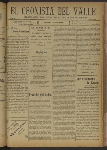 'El Cronista del Valle' - Época 1ª Año X Número 474 - 1919 abril 05