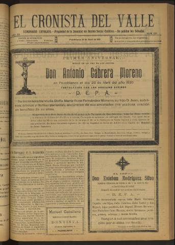 'El Cronista del Valle' - Época 1ª Año XII Número 579 - 1921 abril 16