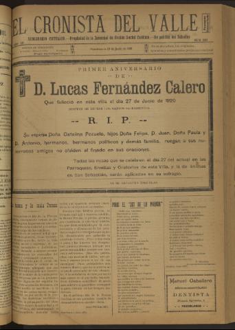 'El Cronista del Valle' - Época 1ª Año XII Número 589 - 1921 junio 25