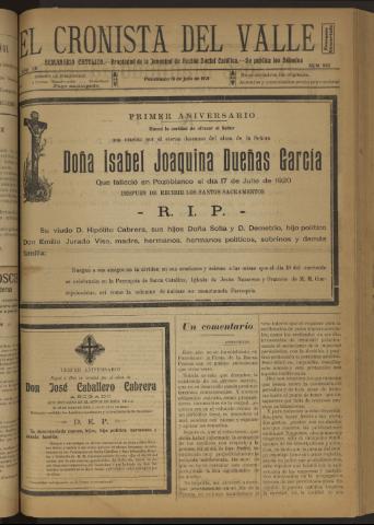 'El Cronista del Valle' - Época 1ª Año XII Número 592 - 1921 julio 16