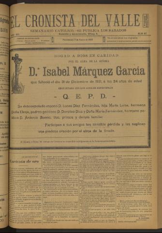 'El Cronista del Valle' - Época 1ª Año XIII Número 617 - 1922 enero 07