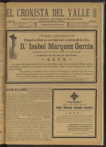 'El Cronista del Valle' - Época 1ª Año XIII Número 667 - 1922 diciembre 23
