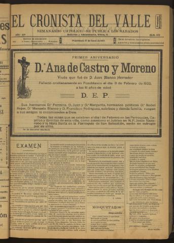 'El Cronista del Valle' - Época 1ª Año XIV Número 672 - 1923 enero 27