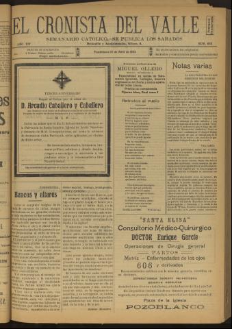 'El Cronista del Valle' - Época 1ª Año XIV Número 683 - 1923 abril 14