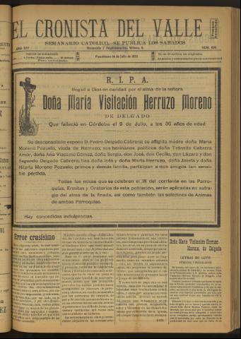 'El Cronista del Valle' - Época 1ª Año XIV Número 696 - 1923 julio 14