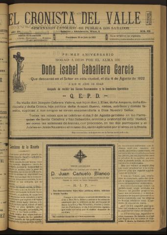 'El Cronista del Valle' - Época 1ª Año XIV Número 698 - 1923 julio 28