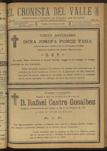 'El Cronista del Valle' - Época 1ª Año XIV Número 707 - 1923 septiembre 29