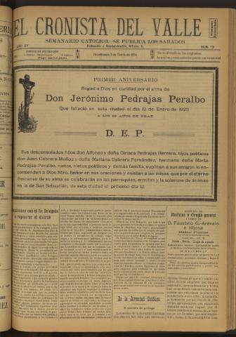 'El Cronista del Valle' - Época 1ª Año XV Número 721 - 1924 enero 05