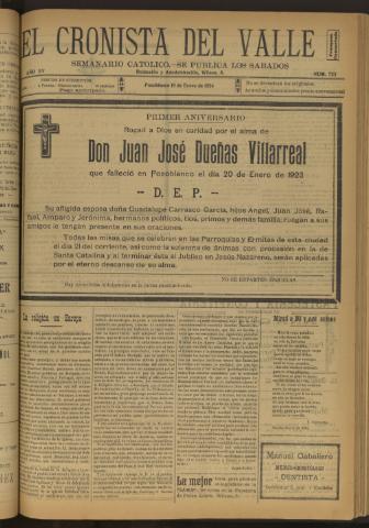 'El Cronista del Valle' - Época 1ª Año XV Número 723 - 1924 enero 19
